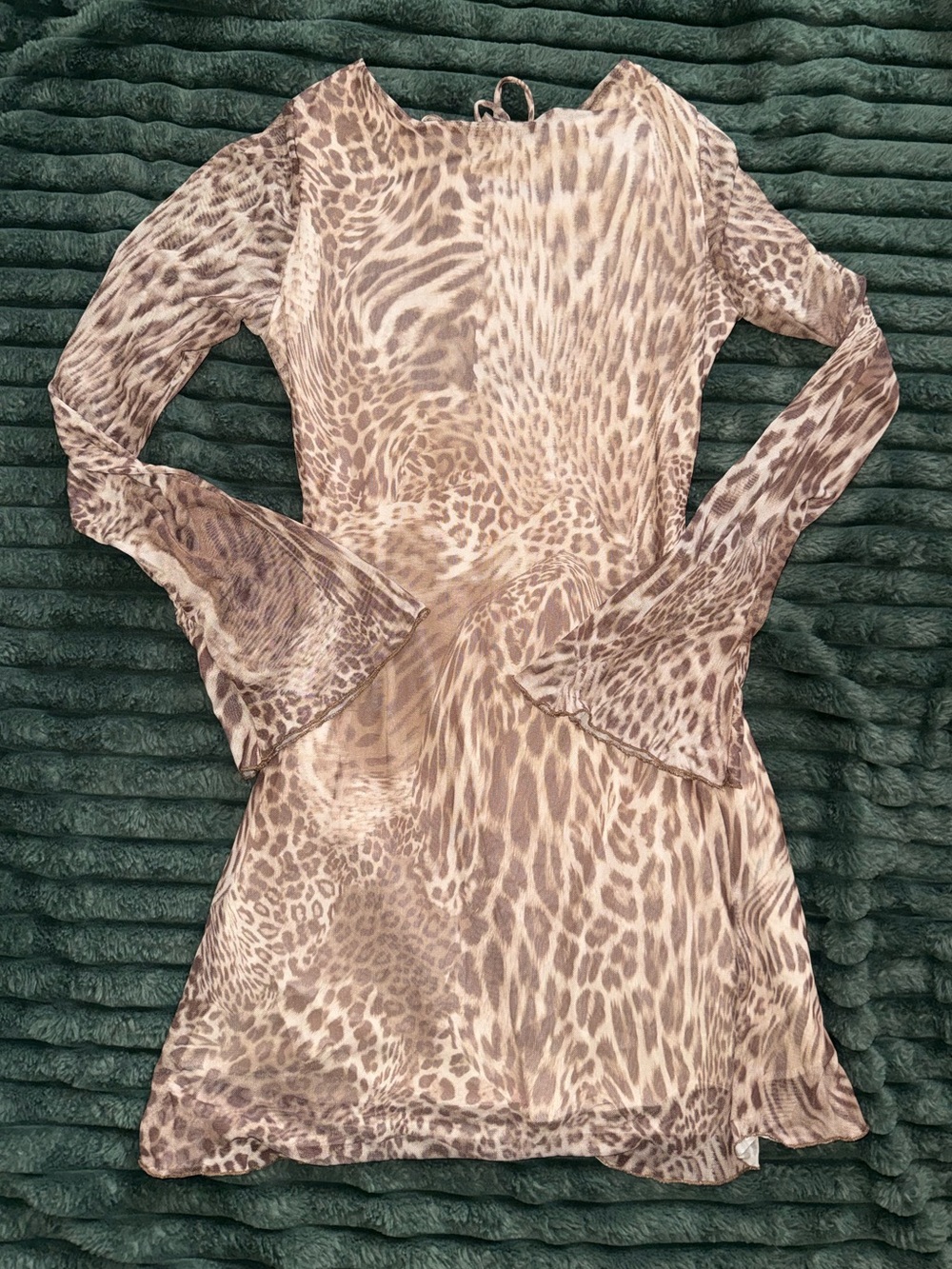 Animal-Print Sheer w/ Slip Long-Sleeve Mini Dress - Taupe
